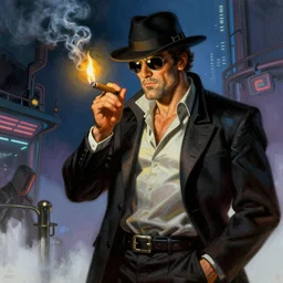 A mafia boss lighting a cigar in a cyberpunk setting, by Frank Frazetta, dramatic lighting, high contrast colours, as trending on Artstation, highly detailed,