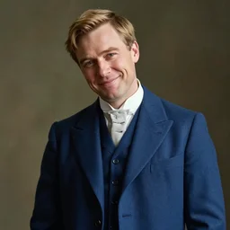 portrait painting of a man of about 2 8, british, wearing a blue suit, short blond hair, smiling, tired unreal render cinematic lighting art 1 9 2 0 period drama by bussiere rutkowski andreas rocha