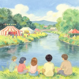 a summer festival by the river, brian froud, yoshitaka amano, kim keever, victo ngai, james jean. pastel colors