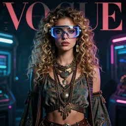 vertical portrait of ancient jew female with space glasses, dark blonde, curly hair, cyberpunk, native costume, standing in the dark room, under neon, extremely fine detail background, highly detailed, detailed eyes, high quality, fashion editorial photography, hyperrealistic, from vogue magazine