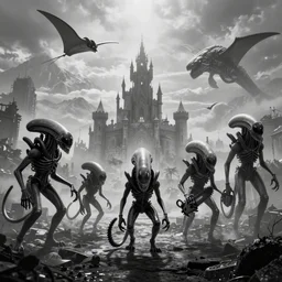 prometheus movie monsters, 6 xenomorphs, highly detailed background, black and white, unkown city, haze, landscape, castle, 4 k, photograph, tentacles, chainsaw, manta ray, leviathan, distant mountains, clouds