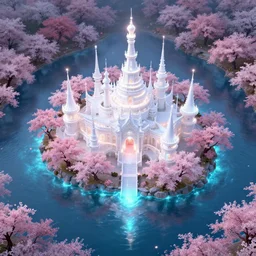 magical palace, sakura island, paradise, white, pink, glow - in - the - dark water, sakura, magic, realism, redshift rendering, 3 d, ultra detail, realistic, 8 k, masterpiece, functional art station, top view, panorama, ultra wide angle, ancient, autumn, artstation greg rutkowski