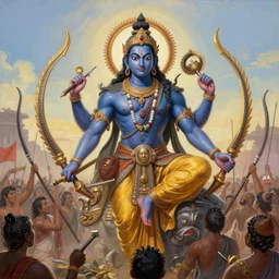 an epic fantastic realism comic book style painting of vishnu vanquishing an army of hindu archers, intricately detailed with filigree and mystical text, 8 k, ultra realistic, solar eclipse, lens flare, atmosphere, glow, detailed, intricate, full of colour, cinematic lighting, trending on artstation, 4 k, hyperrealistic, focused, extreme details, unreal engine 5, cinematic, masterpiece