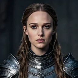 head and shoulders portrait of a female knight, young natalie portman, game of thrones, eldritch, silken hair, armored, elaborate detail, vogue fashion photo