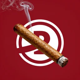 cigar with smoke wafting up from it on a red background, logo