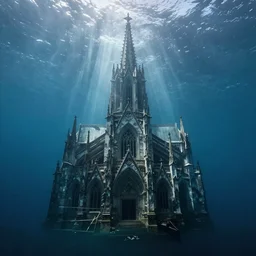 a sunken gothic cathedral in the bottom of the ocean, rays of god, dramatic, epic, peter mohrbacher