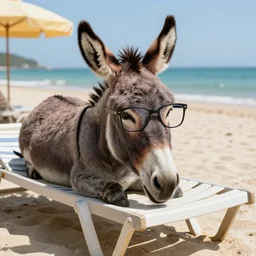Donkey with cool glasses lying on a sunbed at the beach, 8k