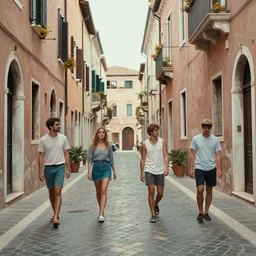 photo of lido di ostia streets, cinematic color grading, various poses, soft light, faded colors, well framed, sharp focus, 8 k