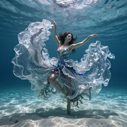 large swirling silver translucent shapes in front of jennifer connelly dancing underwater wearing a very long flowing dress made of many translucent layers of silver and blue lace seaweed, caustics lighting from above shines on the sandy bottom, the ocean is chaotic above, octane render, cinematic, hyperdetailed