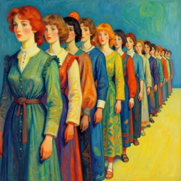 A psychedelic portrait of standing in line one point perspective infinite , vibrant color scheme, highly detailed, in the style of romanticism, cinematic, artstation, Moebius, Greg rutkowski