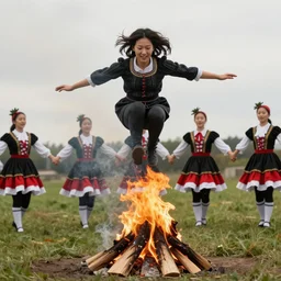 a korean woman jumping over a campfire, irish dancers in the background by ilya kuvshinov katsuhiro otomo