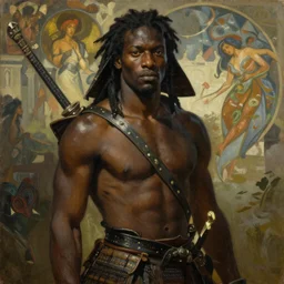 a full body fantasy portrait oil painting illustration of an African samurai by Alphonse Mucha and Jacob Lawrence and Kehinde Wiley with face and body clearly visible, visible pupils, forgotten realms, high quality, sombre mood, artstation trending, muted colours, no crop, entire character.
