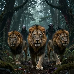 an epic action photorealistic masterpiece of a group of werelions, in a forest made of nightmares, horrific digital art, extremely moody lighting, style of chippy