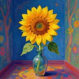 A psychedelic room with a single sunflower in a vase, vibrant color scheme, highly detailed, in the style of romanticism, cinematic, artstation, Moebius, Greg rutkowski
