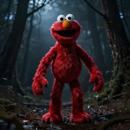 scary elmo with long, slim, gangly arms, horror, slenderman, terror, night cam footage, red and black, wilderness