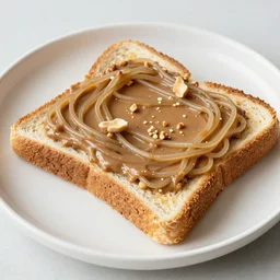 peanut butter toast with mi gorean noodles ontop 1 slice, photo realistic