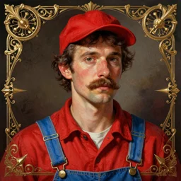 a portrait of a man with a mustache wearing a red shirt, blue overalls, and a red cap, art by mark ryden, digital illustration, ornate details,
