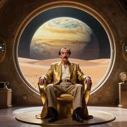 salvador dali as emperor of universe sits on gold futuristic chair in in front of huge porthole in which is visible highly detailed planet arrakis | from the movie by alejandro jodorowsky with cinematogrophy of christopher doyle and art direction by hans giger, anamorphic lens, kodakchrome, 8 k