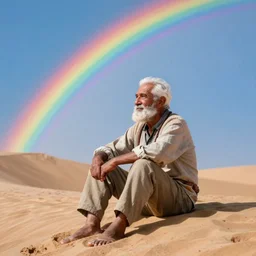 a vibrant photo of an old man sitting on a sand dune, introspective, metaphysical, rainbow, extremely detailed, Zeiss 150mm f 2.8 hasselblad