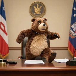 Freddy Fazbear running for president, sitting at the presidents desk