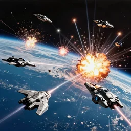 Movie scene of a huge space battle near Earth, with explosions and lasers shooting, hyperdetailed, artstation, cgsociety, 8k
