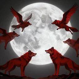 red spirits of wolves fly to the moon, hyperdetailed, artstation, cgsociety, 8k