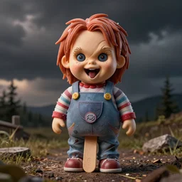 ice cream popsicle shaped like screaming chucky doll, octane render