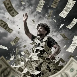 “tornado made of money, violent winds blowing dollar bills in the air, raining cash, highly detailed, dramatic lighting, unreal, octane, trending on artstation, by Beeple”