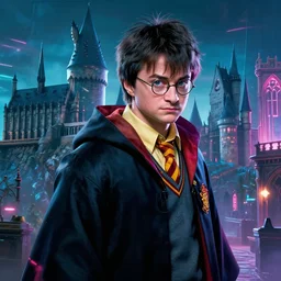 harry potter in cyberpunk, hogwarts 2 0 7 7, neon, atmospheric, detailed, detailed illustration, hd, 4 k, digital art, sharp focus, surrealistic, trending on artstation