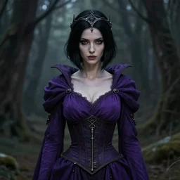 full portrait of a dark fantasy female necromancer, skinny, saggy purple robes, pretty, black bob haircut, circlet, corset, finesse, key visual, realistic shaded perfect face, gloom, fine details, forest background, smooth, highly detailed, digital illustration, by artgerm, rossdraws, frank franzzeta
