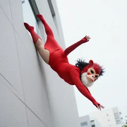 a woman covered in red wearing a red baboon mask falling from a building in Tokyo , film still from the an anime directed by Katsuhiro Otomo with art direction by Salvador Dalí, wide lens