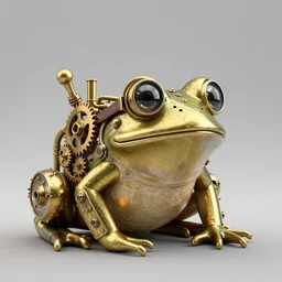 symmetrical brass steampunk frog. clockwork. gears, pipes. goggles. rivets. octane render. highly detailed.