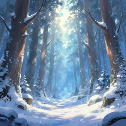 high quality illustration of an enchanted magical winter forest::bright sunny day, glowing snow, amazing mood::art by Ghibli Studio, League of Legends, Arcane, Wild Rift, trending on artstation