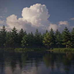 A beautiful ultra detailed matte painting evening woods water puffy clouds in sky  by Michael Whelan, tyler eldin , unreal engine, featured on artstation