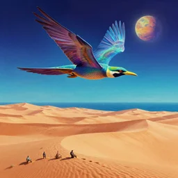 quetzalcoatl flying over sand dunes and an ocean on a strange planet, by bruce pennington, by sam freio, by thomas rome, by victor mosquera, juxtapoz, behance, dayglo, prismatic, iridescent