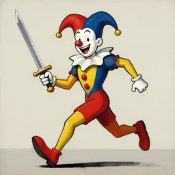 greg manchess portrait of a jester running with a sword, sunny day, matte painting, bold shapes, hard edges, street art, trending on artstation, by huang guangjian, gil elvgren, ruan jia, randy vargas, greg rutkowski