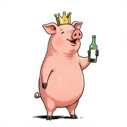 trippy comic art of a tall skinny pig wearing a gold crown holding a bottle, drawn by Martin Rowson, Tim Burton, Studio Ghibli, Alex Pardee, Nekro Petros Afshar, James McDermott, colors by lisa frank, unstirred paint, vivid color, cgsociety 4K