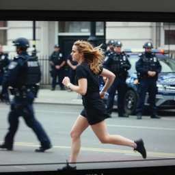 dash cam screenshot of emma watson running from the cops motion blur army of police
