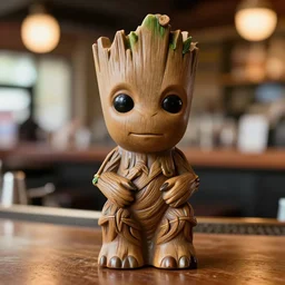 a closeup photorealistic photograph of a trader vic's tiki mug in the style of cute groot at the restaurant bar. bright scene. fine detail. this 4 k hd image is trending on artstation, featured on behance, well - rendered, extra crisp, features intricate detail, epic composition and the style of unreal engine.
