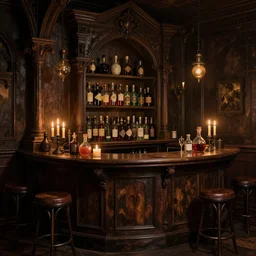 a matte painting gothic counter parlor with bottles of potions and flickering candles by greg rutkowski
