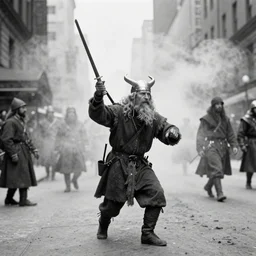 old black and white photo, 1 9 1 3, depicting a techno viking shaman rampaging through the bustling streets of new york city, historical record, volumetric fog