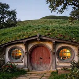 hobbiton architecture with rounded windows and wooden doors, photorealistic, highly detailed, evening, unreal engine 5