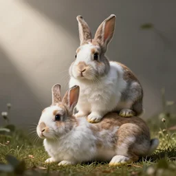 A very cute bunny on top of another bunny