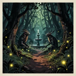 ancient creatures, glowing fireflies, by gediminas pranckevicius, by james gilleard, poster, dark shadows, woodblock, split - complementary - colors, polished, favolaschia - calocera, on the path to enlightenment, fountain of youth