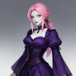 full portrait of beautiful necromancer, gloomy purple dress, corset, face details, pink hair, ponytail, white skin, green eyes, posing, high fantasy, highly detailed, sharp focus, smooth, digital illustration, light novel art