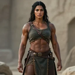 realistic photograph. black hair single egirl streak. imposingly tall, broadshouldered, jacked muscular woman. half black half arab. dark skin. face like kendall jenner, dark complexion. modest practical medieval ranger clothing. fully dressed. massively jacked physique, robust build, swole. in her 3 0's. streak in hair.