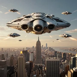 3 d point perspective, extreme long shot of the imperial fleet hovering over the sky menacingly, beginning to bombard with blaster fire new york, golden hour, deep depth of field, make all elements sharp, aerial view, 8 k, octane, unreal 5, hyperrealistic, symmetrical, intricate digital art, photoshop, epic space battle