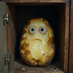 grainy photo of a baked potato as a creepy monster in a closet, harsh flash