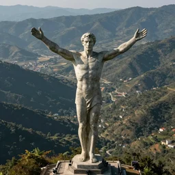 A photograph of a large statue of a male athlete his head high and his hands stretched, symbolizing humanity, ambition and determination, photo taken from a large distance so that the full statue is visible overlooking a valley, high resolution image taken with a DSLR camera