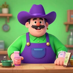 mr. blobby cowboy salesman, purple green color scheme